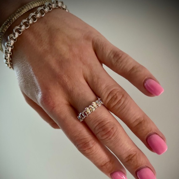 Beautiful Aurora Borealis pear cut unique band style ring 14K White Gold & 925 - Picture 6 of 13